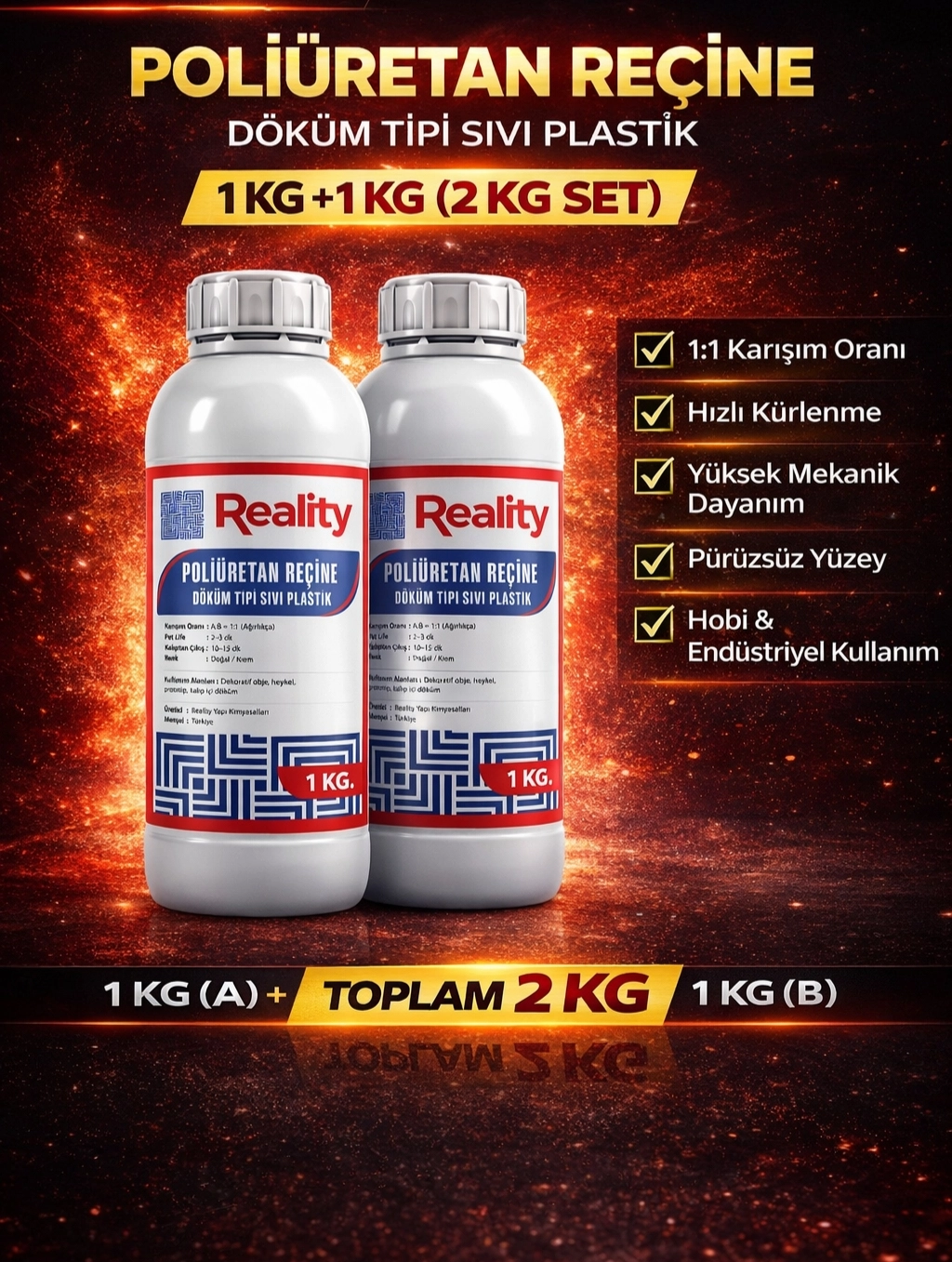 Poliüretan reçine 1 Kg + 1 Kg = 2 Kg set 